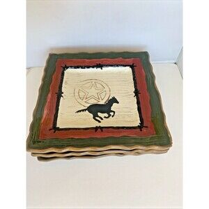3 Sonoma Happy Trails 8” Square  Salad Plates western style horse cowboy star